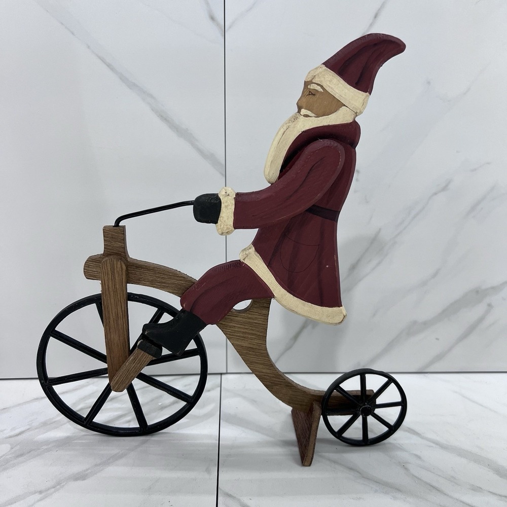 Vtg Wood Santa Claus Riding Bike Bicycle Folk Art Primitive 9.5" Signed 1984